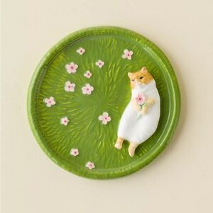 NEW UO Lana Patterned Dessert Plate Whimsical Cat Plate with Pink Flowers